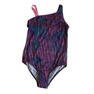 Girl’s Lands' End G One Piece Sport Swimsuit Deep Sea Navy/Pink Geo size 14